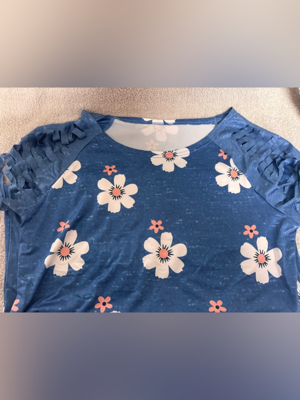 Blue Floral Scoop Neck Top with Pink Accents
